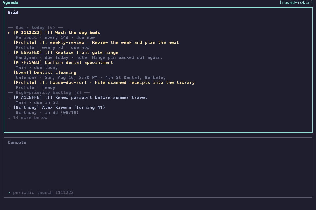A dark terminal agenda showing reminders, a recurring task, a scheduled profile, a calendar event, and a birthday in one urgency-ranked grid.